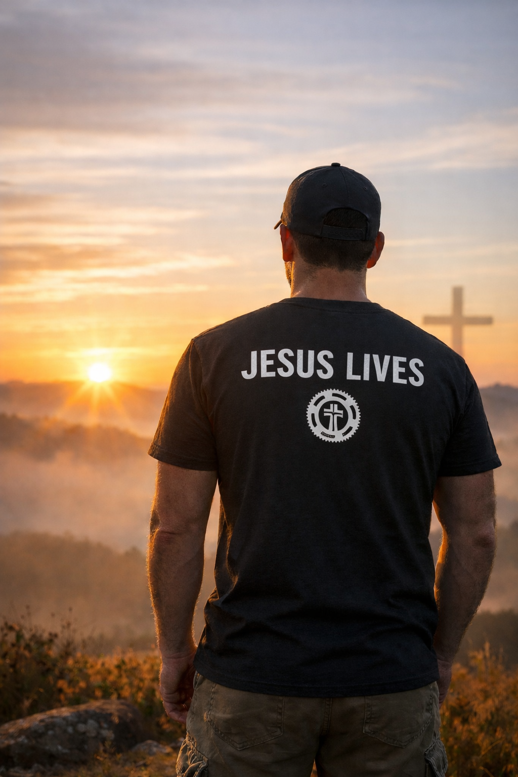 Man wearing Jesus Lives Christian t-shirt at sunrise with cross in background symbolizing the resurrection during Holy Week