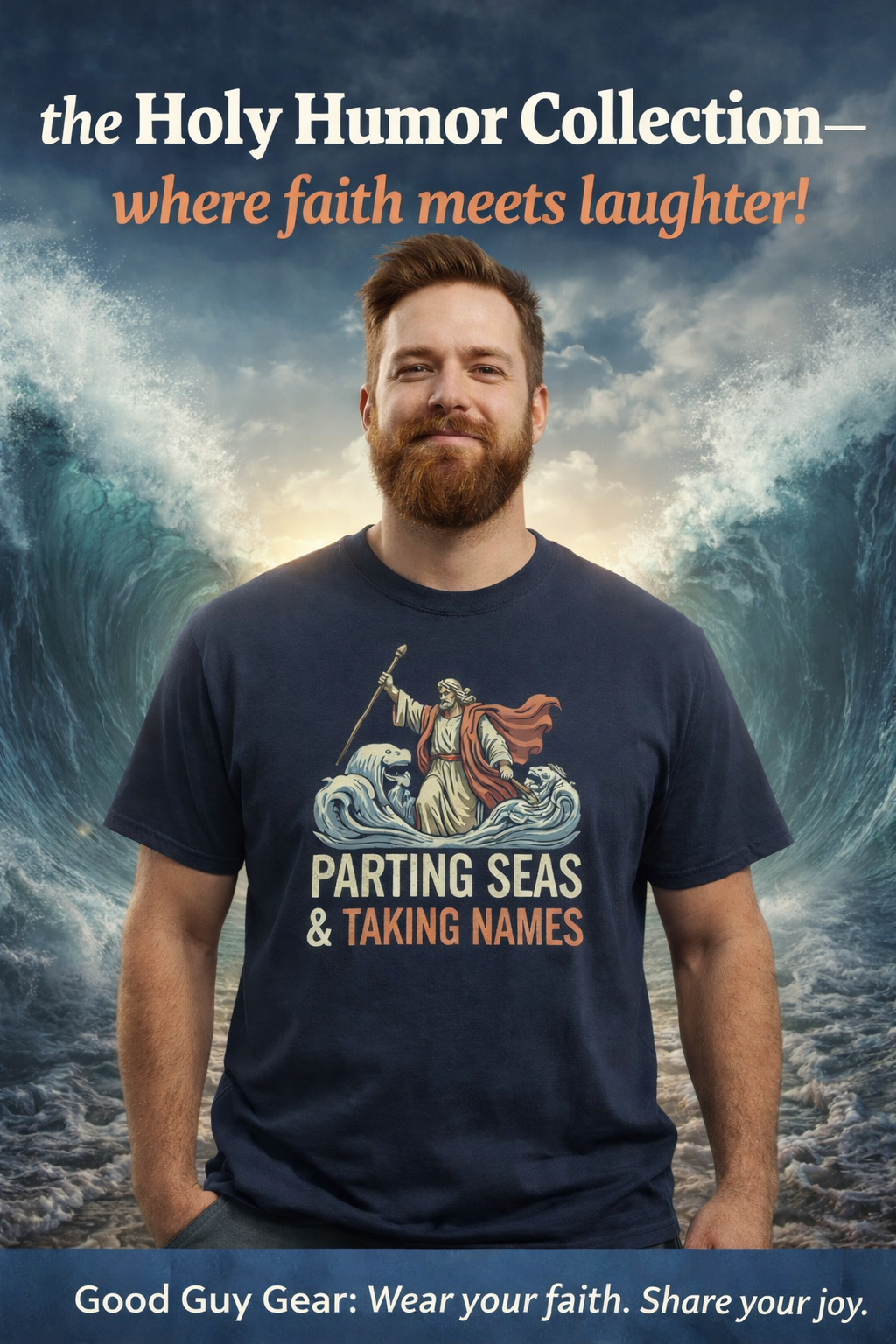 Man wearing navy “Parting Seas & Taking Names” Moses Red Sea Christian humor T-shirt from the Holy Humor Collection by Good Guy Gear with parted sea background.