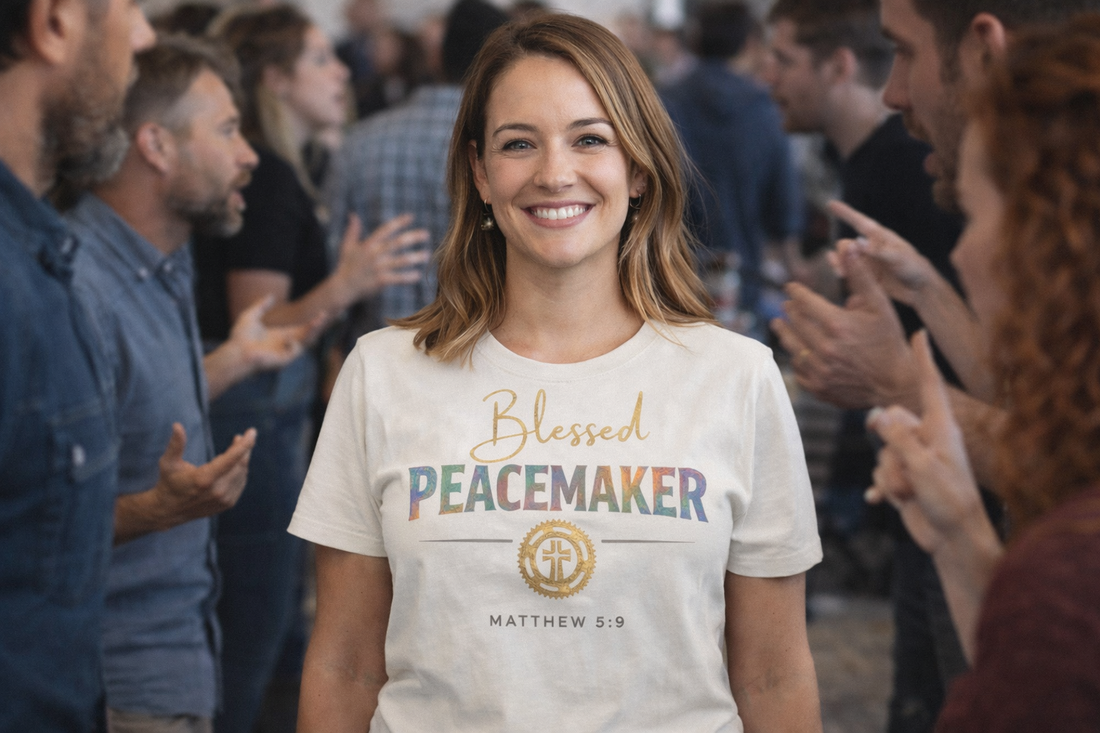 Smiling woman wearing an off-white “Blessed Peacemaker – Matthew 5:9” Christian T-shirt stands calmly in the center of a crowded room while people around her appear to argue or debate, symbolizing choosing peace in the midst of conflict.