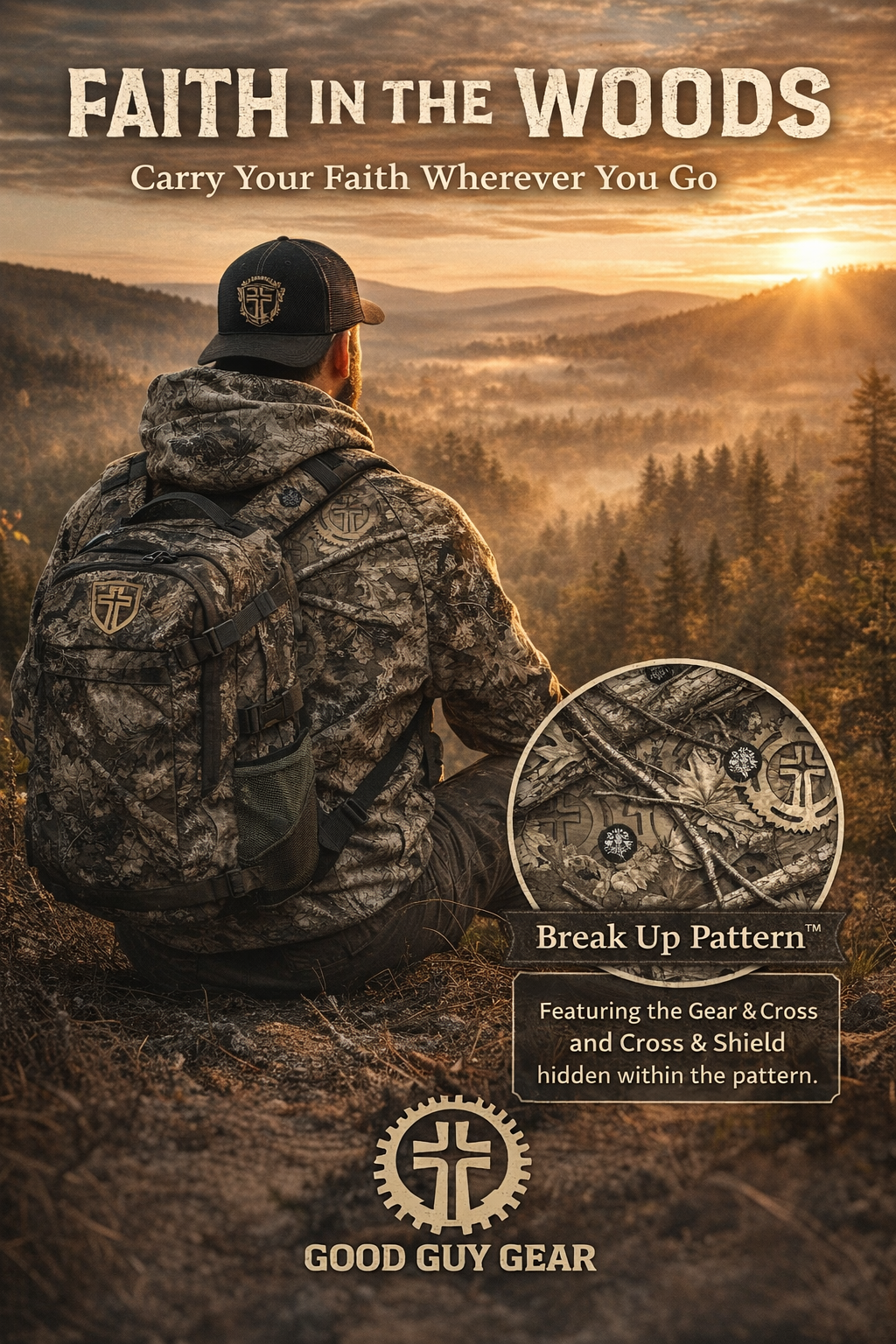 Christian camo hoodie featuring the Good Guy Gear Break Up pattern with hidden Gear and Cross symbols worn by a hunter overlooking a forest at sunrise.