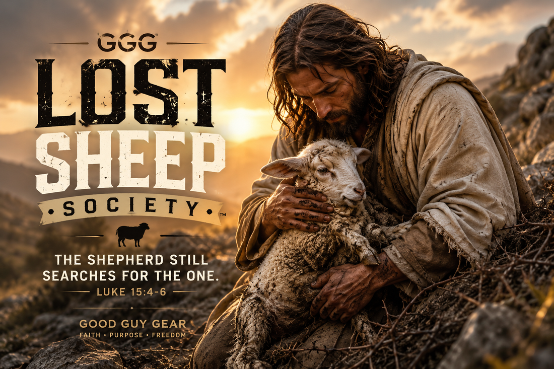 A rugged cinematic image of Jesus rescuing and holding a lost lamb on a rocky hillside at sunset with bold “Lost Sheep Society” Christian apparel branding inspired by Luke 15:4-6 from Good Guy Gear.