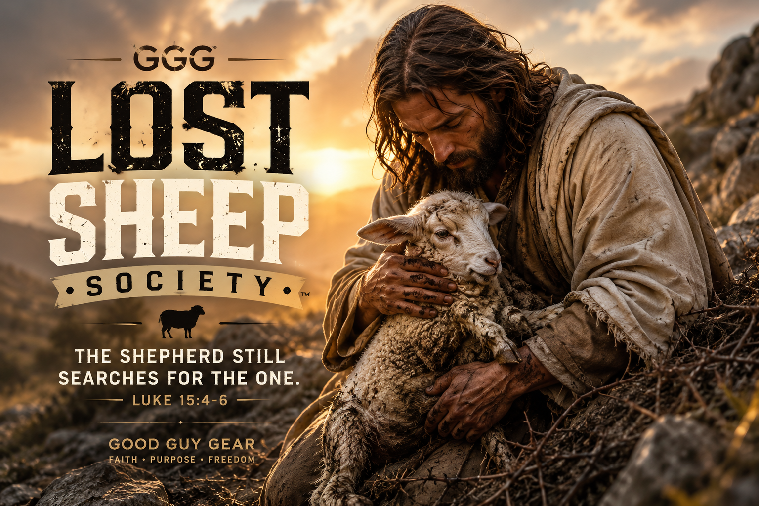 A rugged cinematic image of Jesus rescuing and holding a lost lamb on a rocky hillside at sunset with bold “Lost Sheep Society” Christian apparel branding inspired by Luke 15:4-6 from Good Guy Gear.