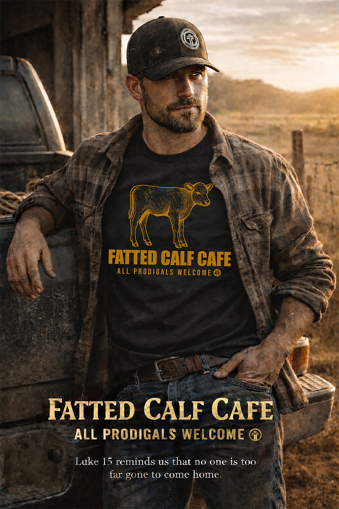 Christian Holy Humor shirt featuring the Fatted Calf Cafe design and message “All Prodigals Welcome” inspired by Luke 15.