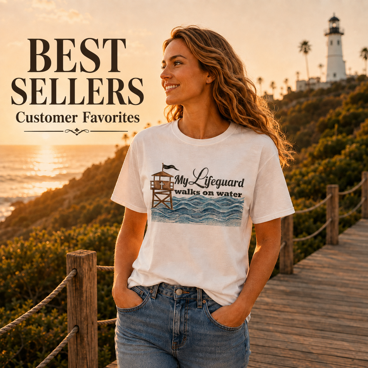 Woman wearing a white “My Lifeguard Walks on Water” Christian T-shirt on a coastal boardwalk at sunset, with “Best Sellers — Customer Favorites” text and a lighthouse in the background.