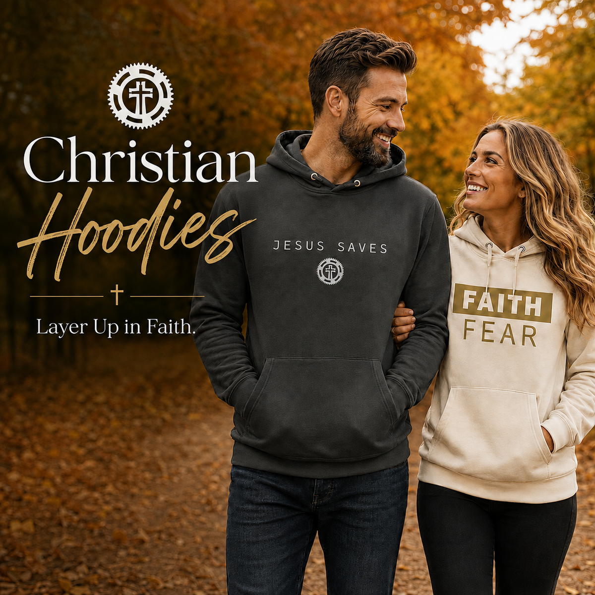 Smiling couple wearing Christian hoodies on an autumn trail, with the Good Guy Gear logo and the text “Christian Hoodies — Layer Up in Faith.”