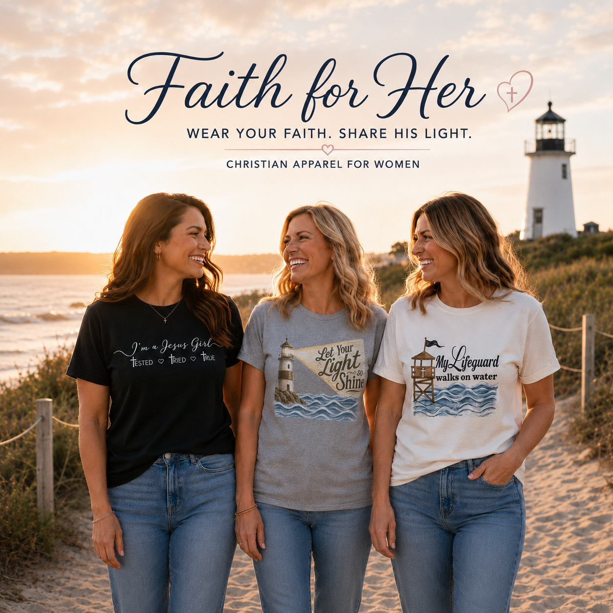 Three smiling women wearing Christian graphic T-shirts walk together on a beach path at sunset near a lighthouse. Text reads, “Faith for Her,” “Wear Your Faith. Share His Light,” and “Christian Apparel for Women.”